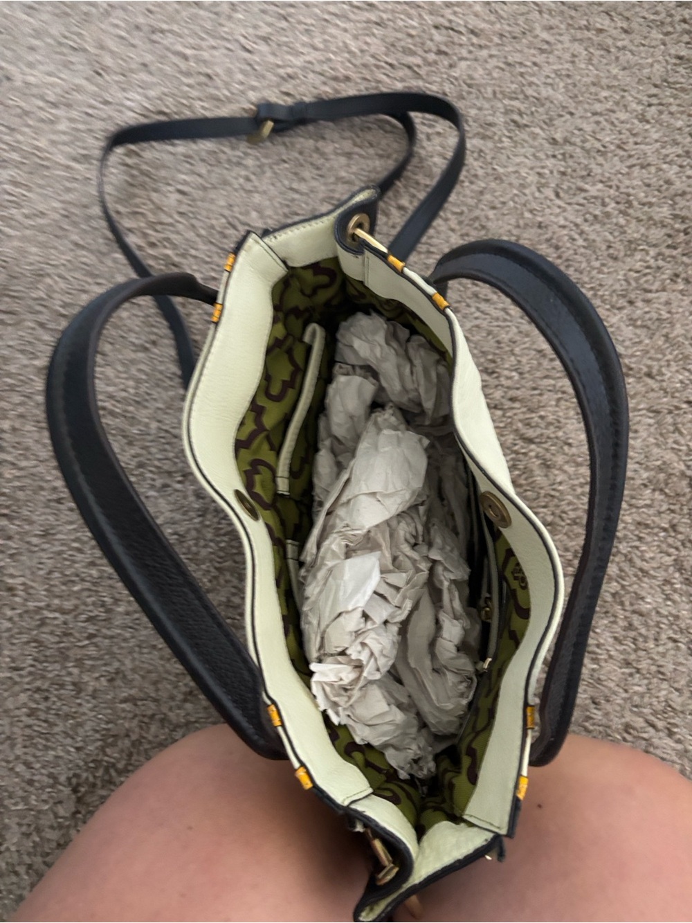 Oryani Leather Crossbody Satchel Bag in Cream and Black with Yellow Accents - Picture 3 of 5